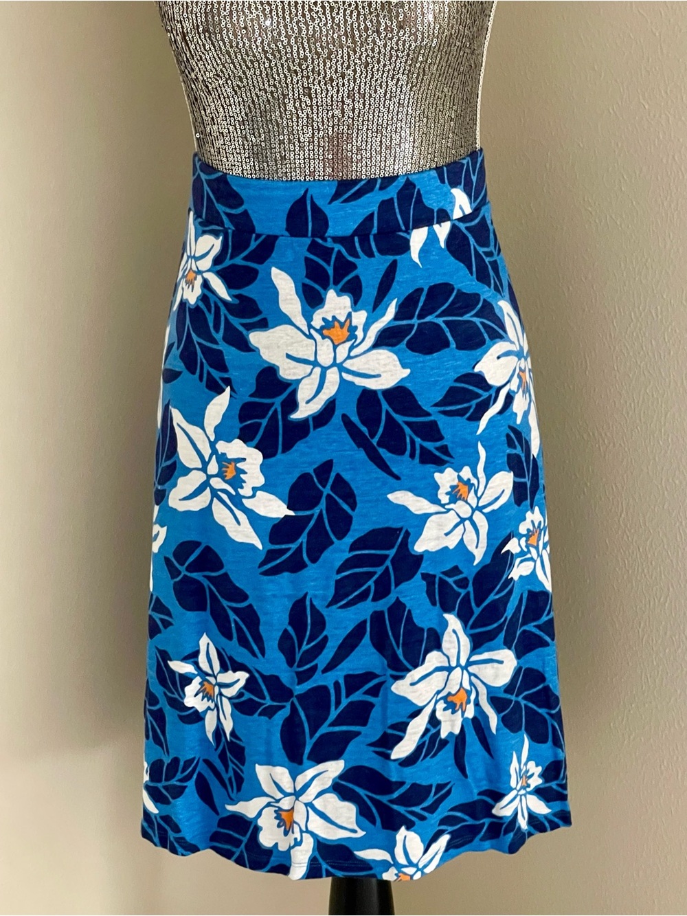 Tommy Bahama Blue Floral A-Line Skirt with White Blooms